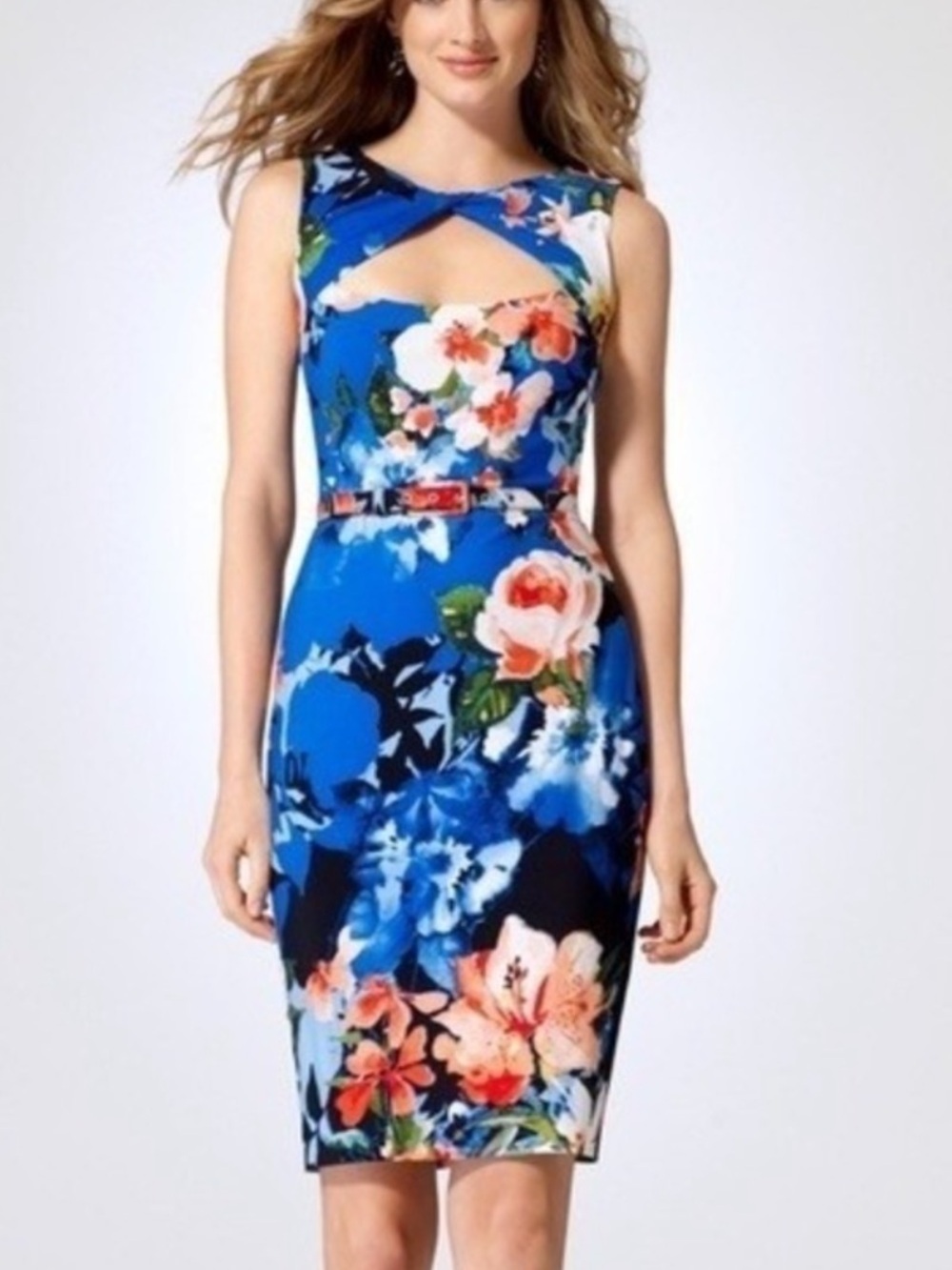 Cache Blue Floral Midi Dress with Front Cutout lined & stretchy